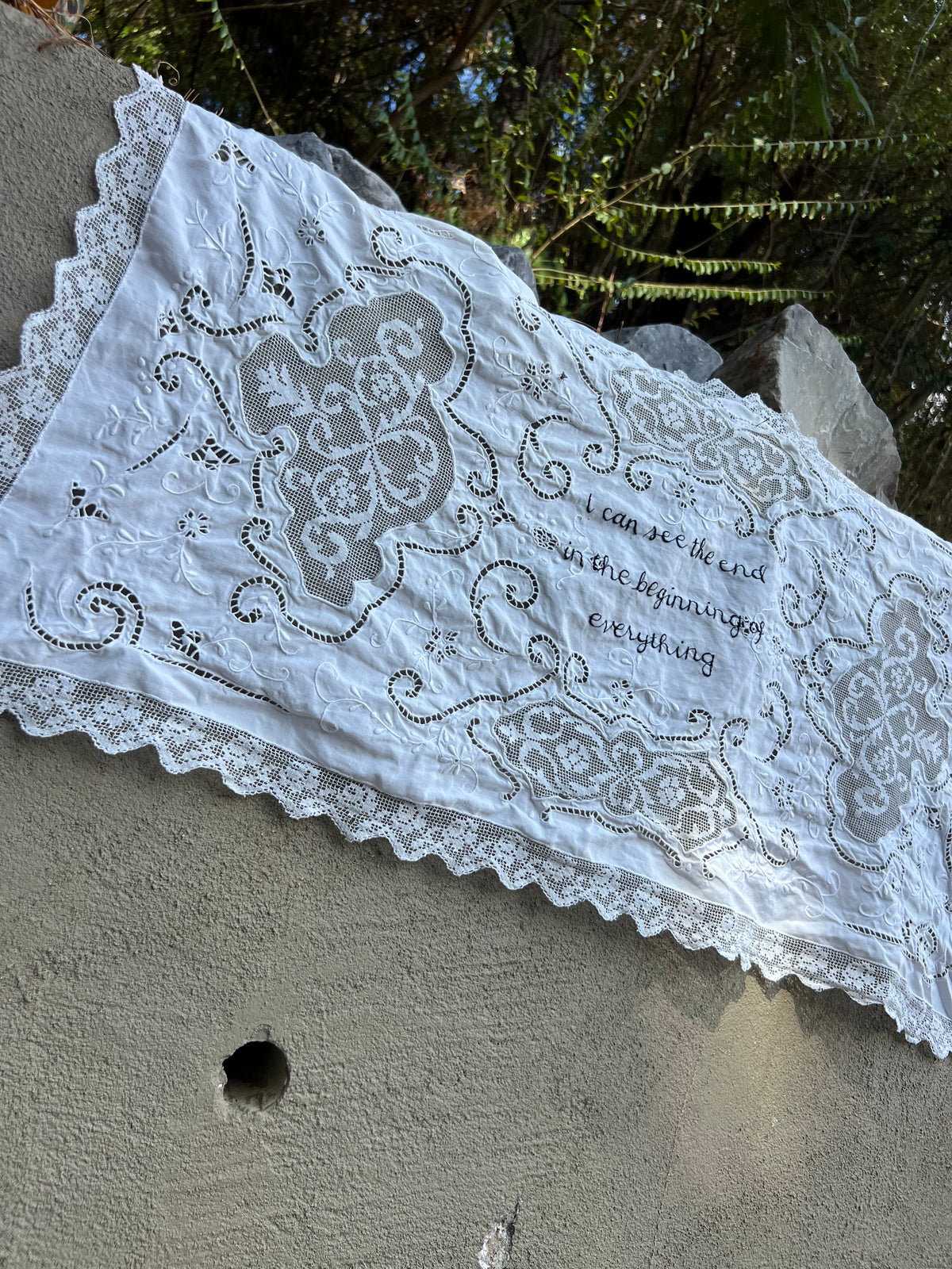 I Can See The End - Hand Embroidered Alter Cloth / Vintage Lace