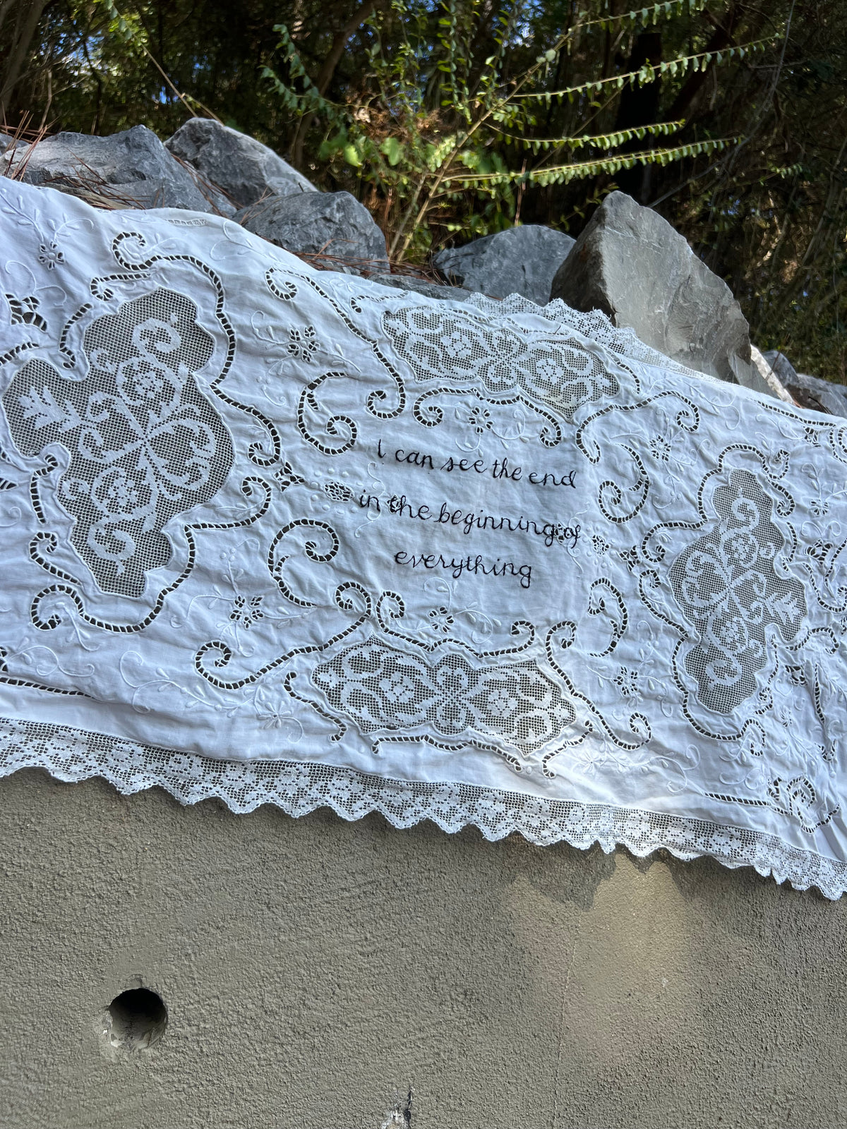I Can See The End - Hand Embroidered Alter Cloth / Vintage Lace