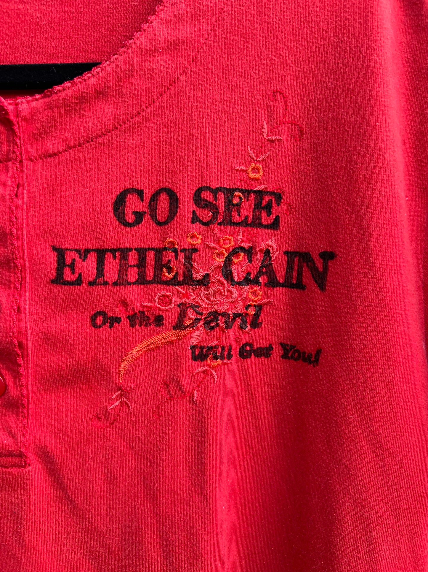 Go See Ethel Cain or the Devil Will Get You - Red Vintage Embroidered Button T-shirt
