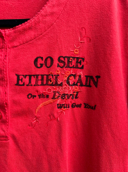 Go See Ethel Cain or the Devil Will Get You - Red Vintage Embroidered Button T-shirt
