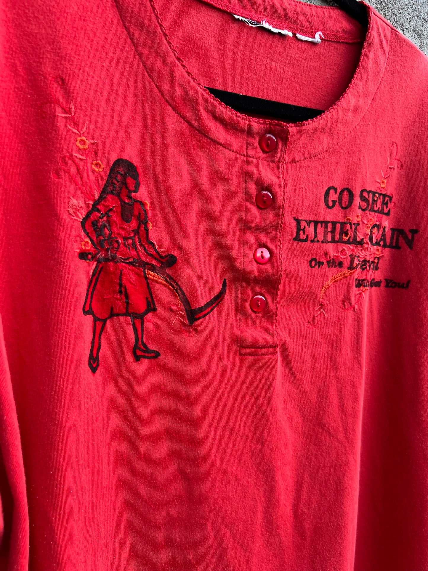 Go See Ethel Cain or the Devil Will Get You - Red Vintage Embroidered Button T-shirt
