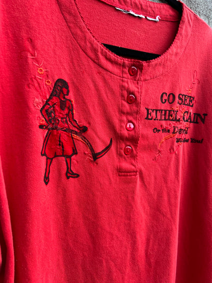 Go See Ethel Cain or the Devil Will Get You - Red Vintage Embroidered Button T-shirt