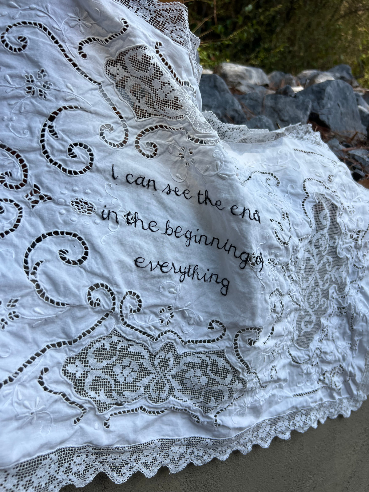 I Can See The End - Hand Embroidered Alter Cloth / Vintage Lace
