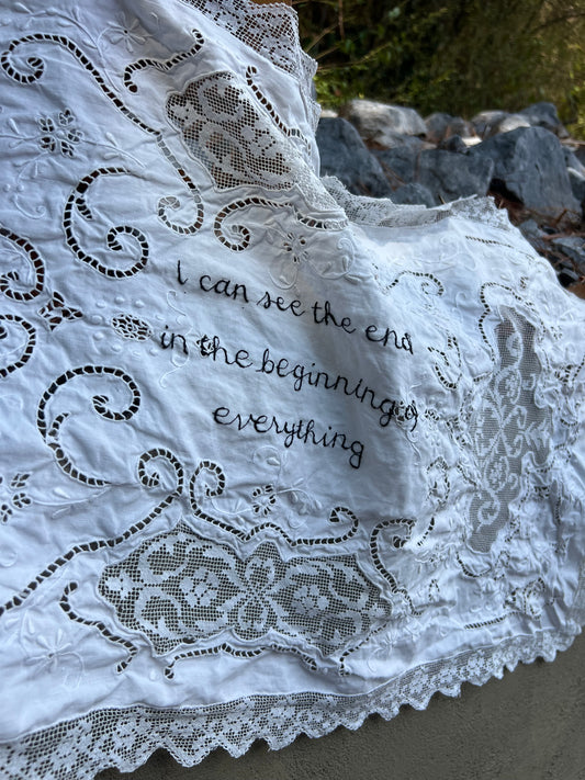 I Can See The End - Hand Embroidered Alter Cloth / Vintage Lace