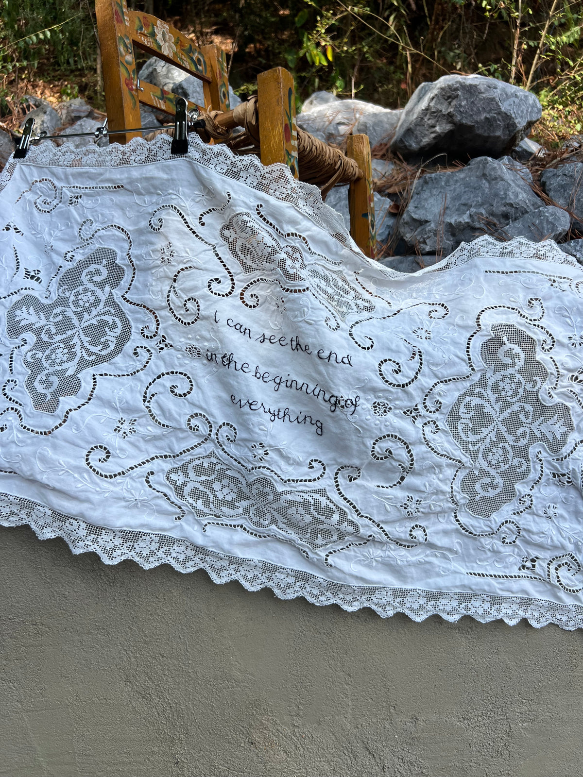 I Can See The End - Hand Embroidered Alter Cloth / Vintage Lace