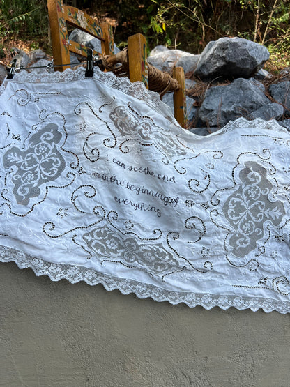 I Can See The End - Hand Embroidered Alter Cloth / Vintage Lace