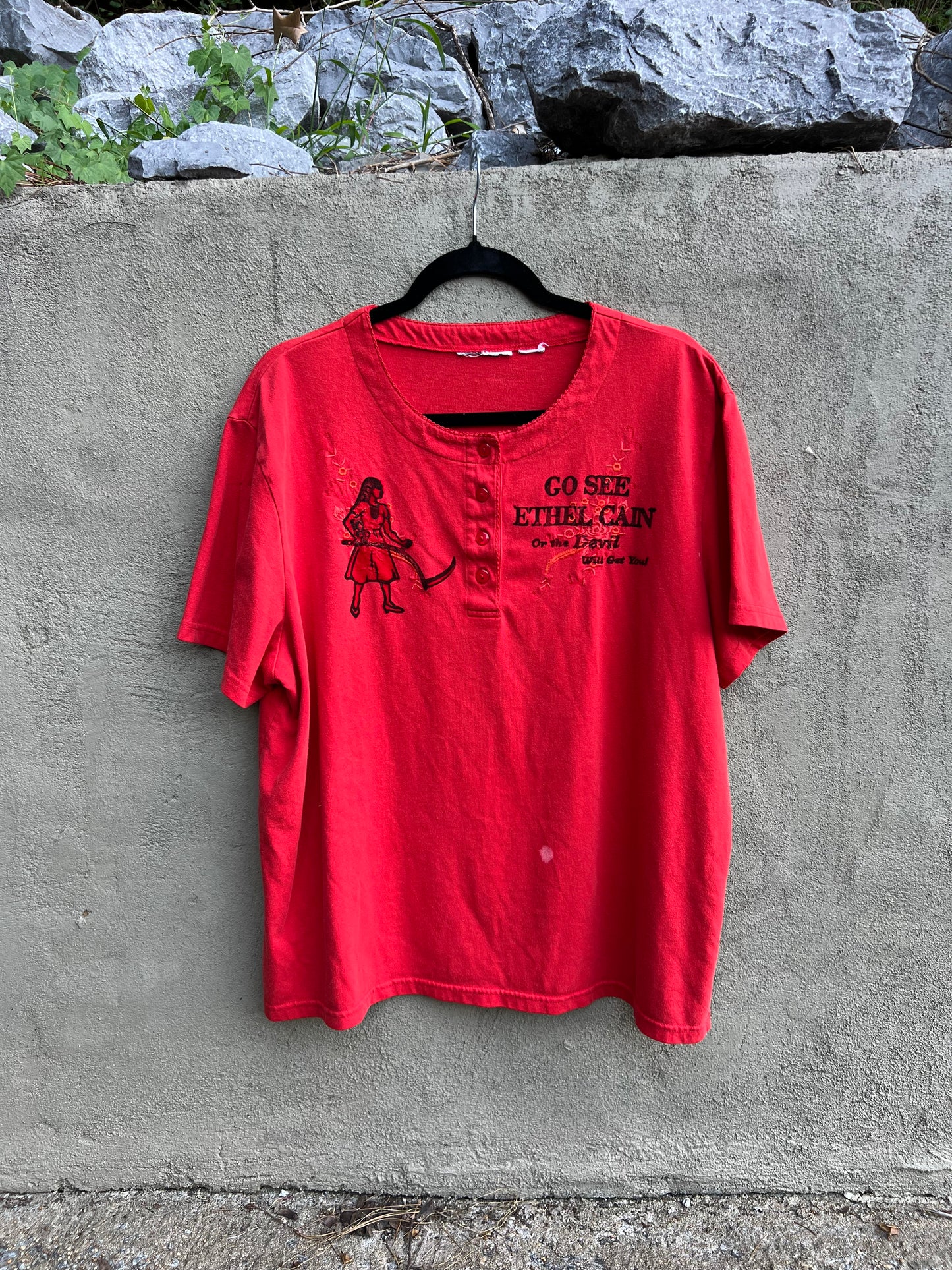 Go See Ethel Cain or the Devil Will Get You - Red Vintage Embroidered Button T-shirt