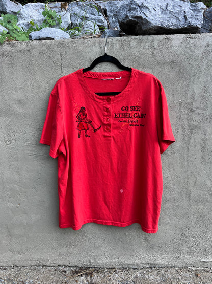 Go See Ethel Cain or the Devil Will Get You - Red Vintage Embroidered Button T-shirt