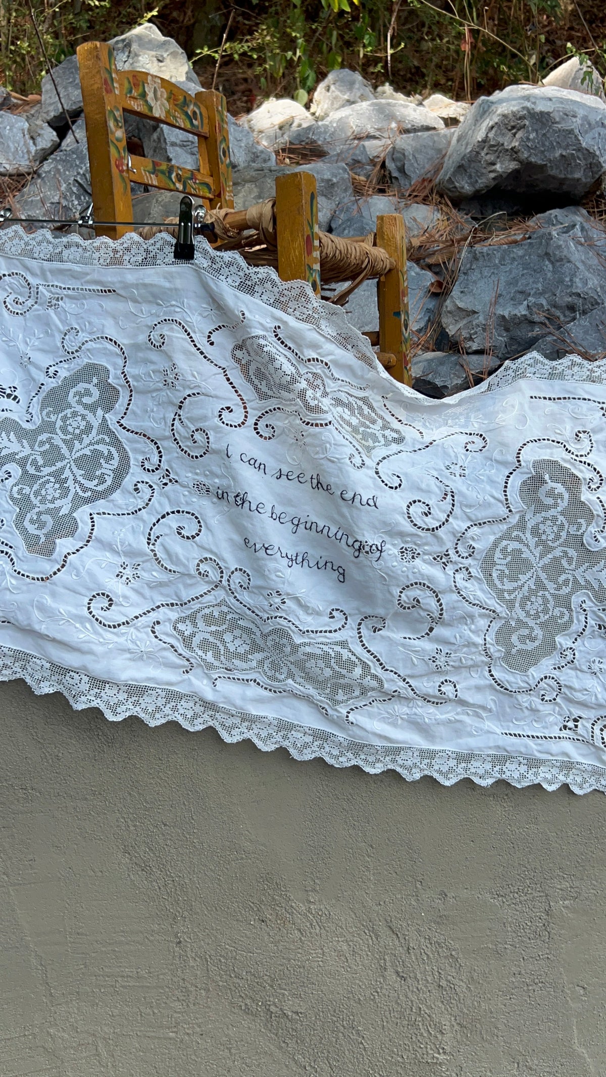 I Can See The End - Hand Embroidered Alter Cloth / Vintage Lace