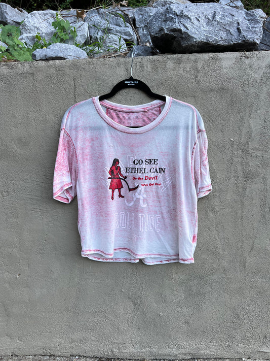 Go See Ethel Cain or the Devil Will Get You - AL Football Faded red semi-sheer T-shirt