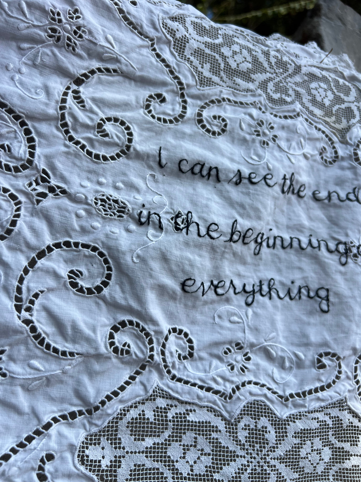 I Can See The End - Hand Embroidered Alter Cloth / Vintage Lace
