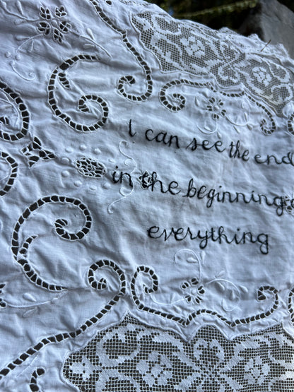 I Can See The End - Hand Embroidered Alter Cloth / Vintage Lace