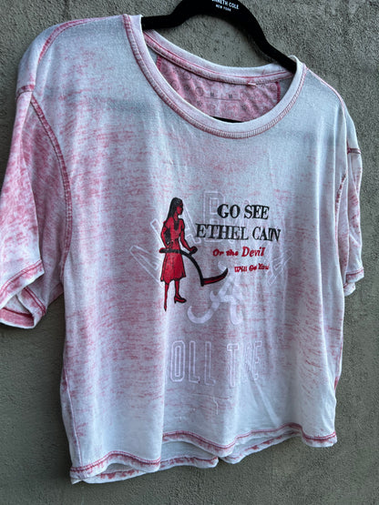 Go See Ethel Cain or the Devil Will Get You - AL Football Faded red semi-sheer T-shirt