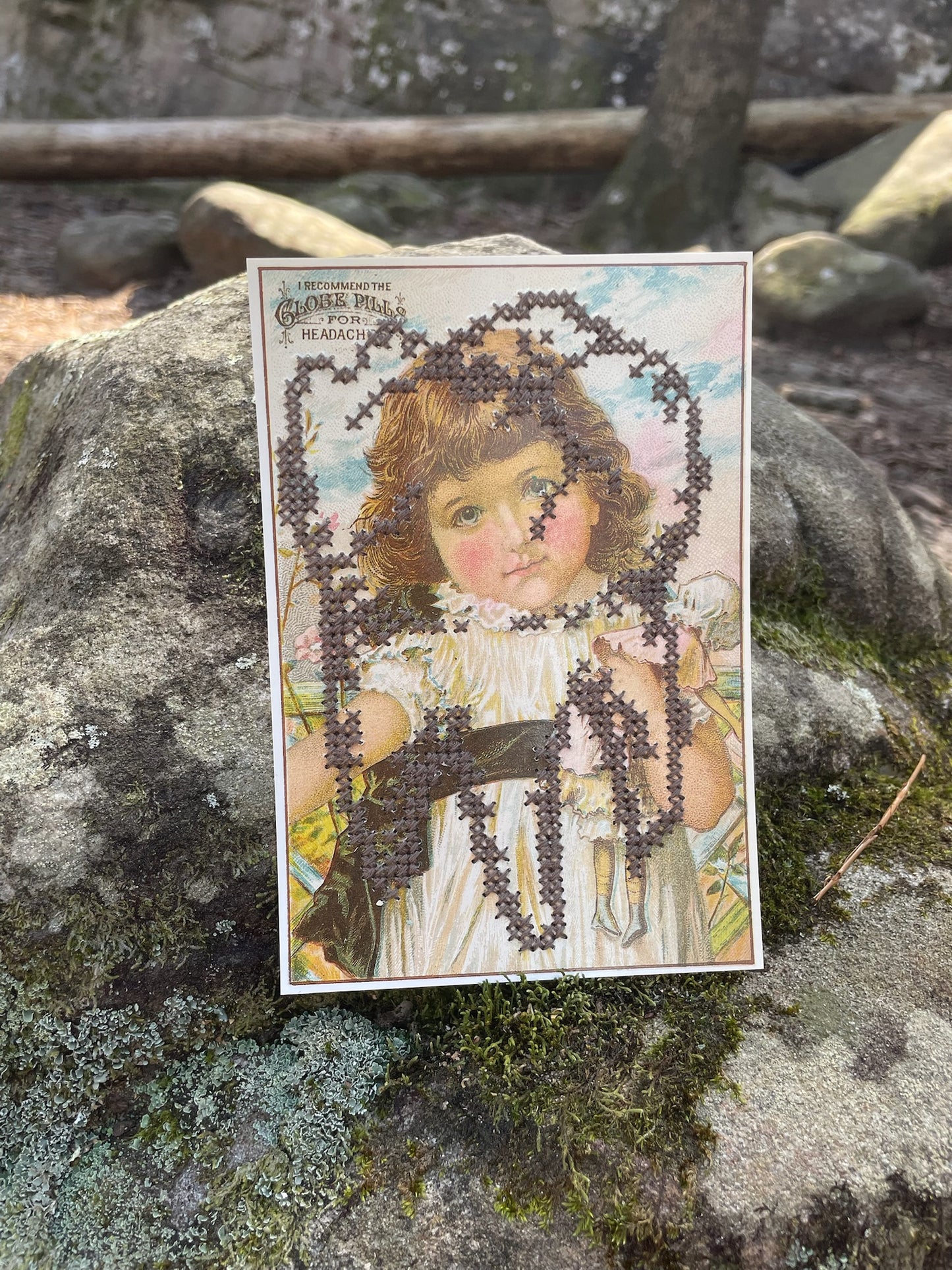 Globe Pills - Hand Embroidered Vintage Post Card