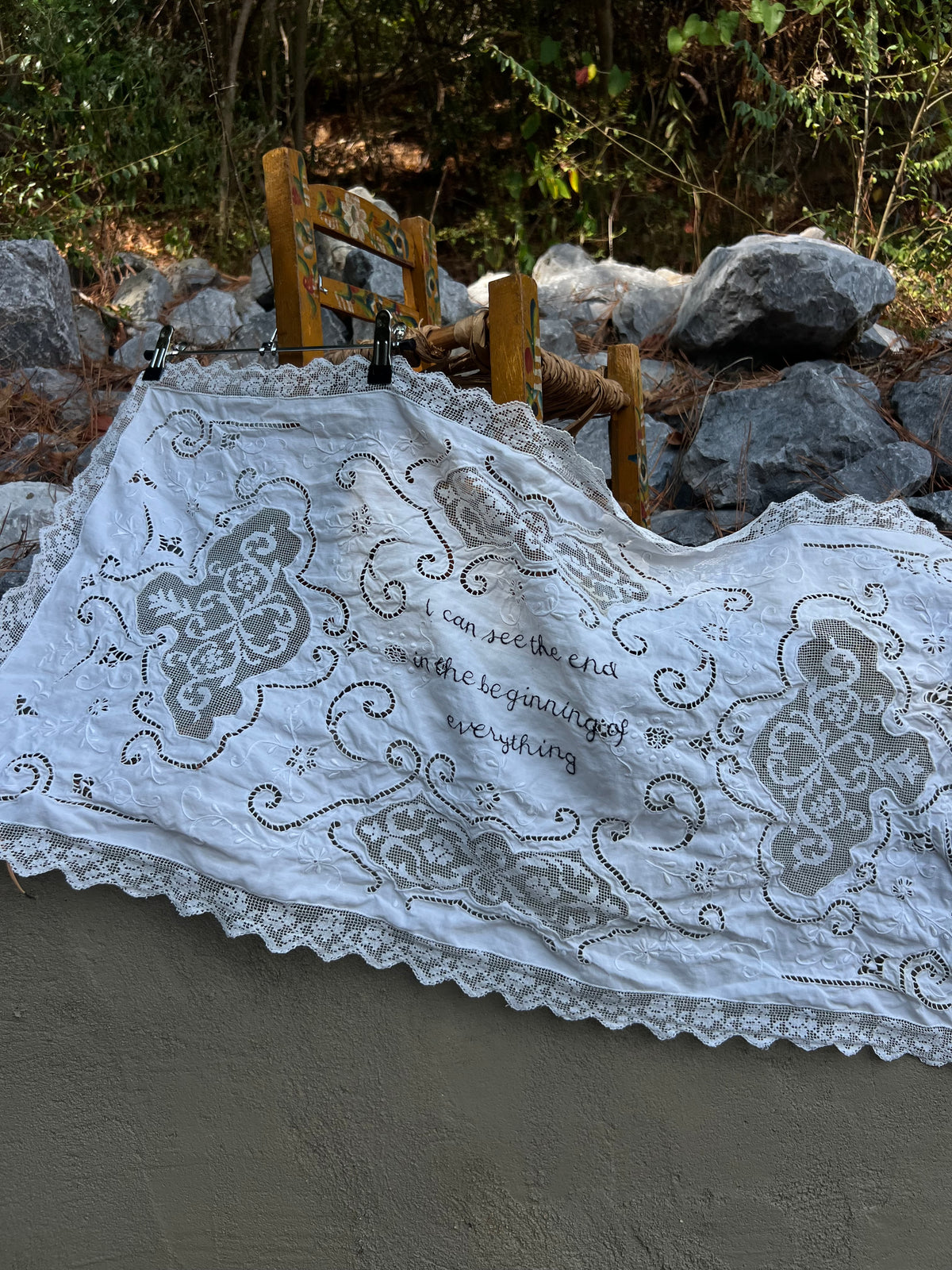 I Can See The End - Hand Embroidered Alter Cloth / Vintage Lace