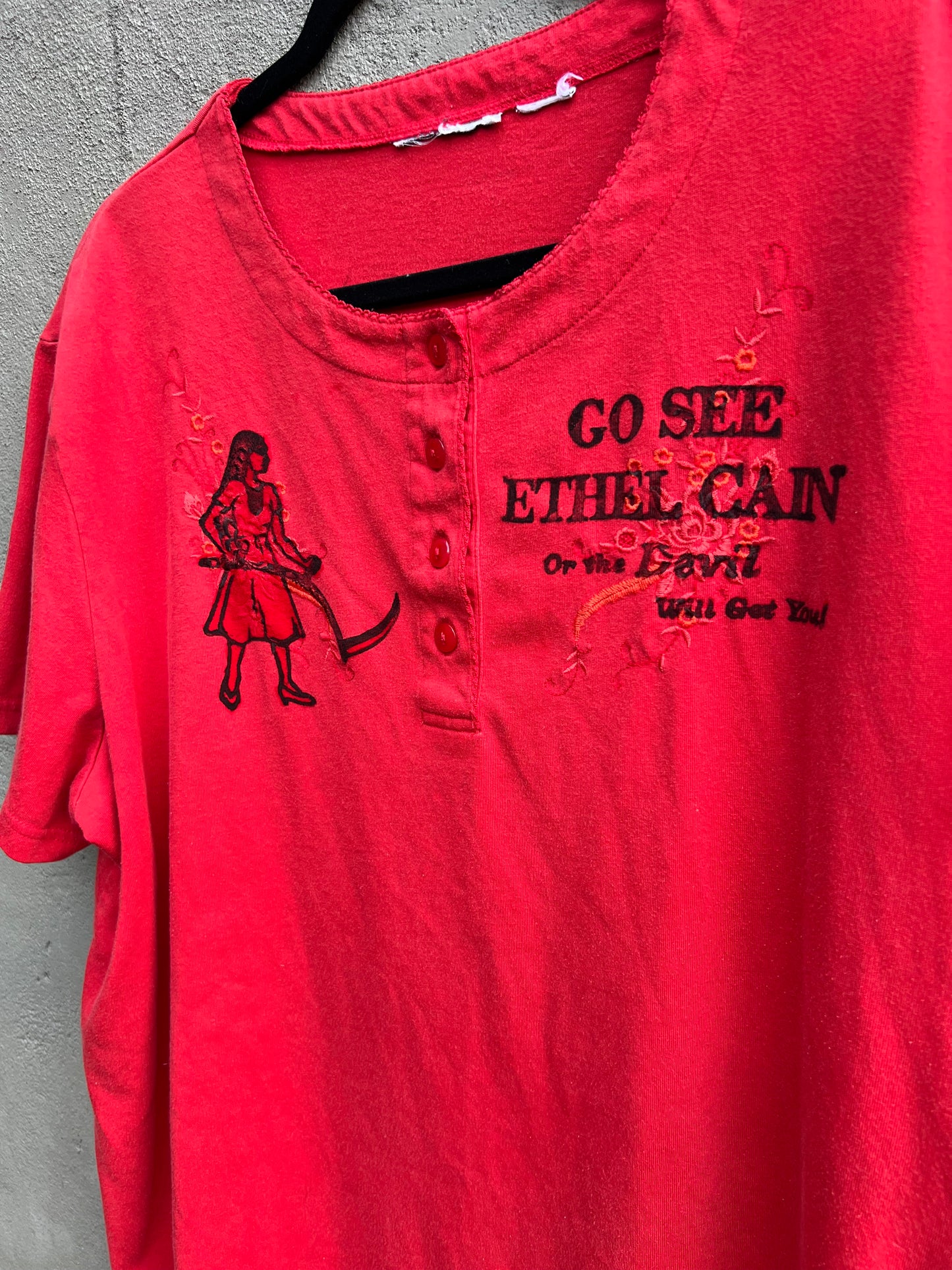 Go See Ethel Cain or the Devil Will Get You - Red Vintage Embroidered Button T-shirt