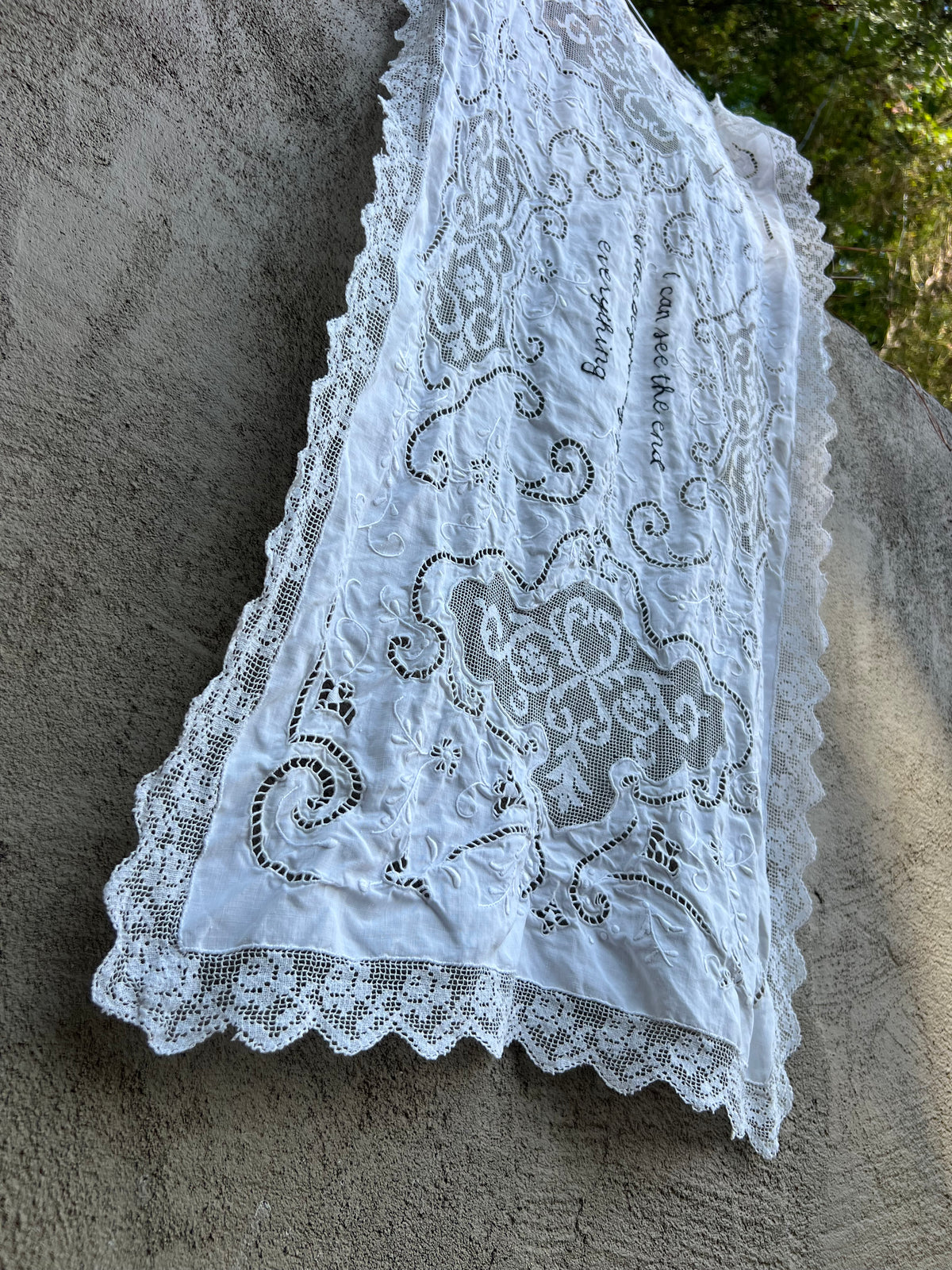 I Can See The End - Hand Embroidered Alter Cloth / Vintage Lace
