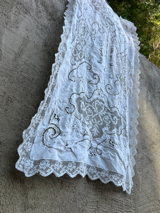 I Can See The End - Hand Embroidered Alter Cloth / Vintage Lace