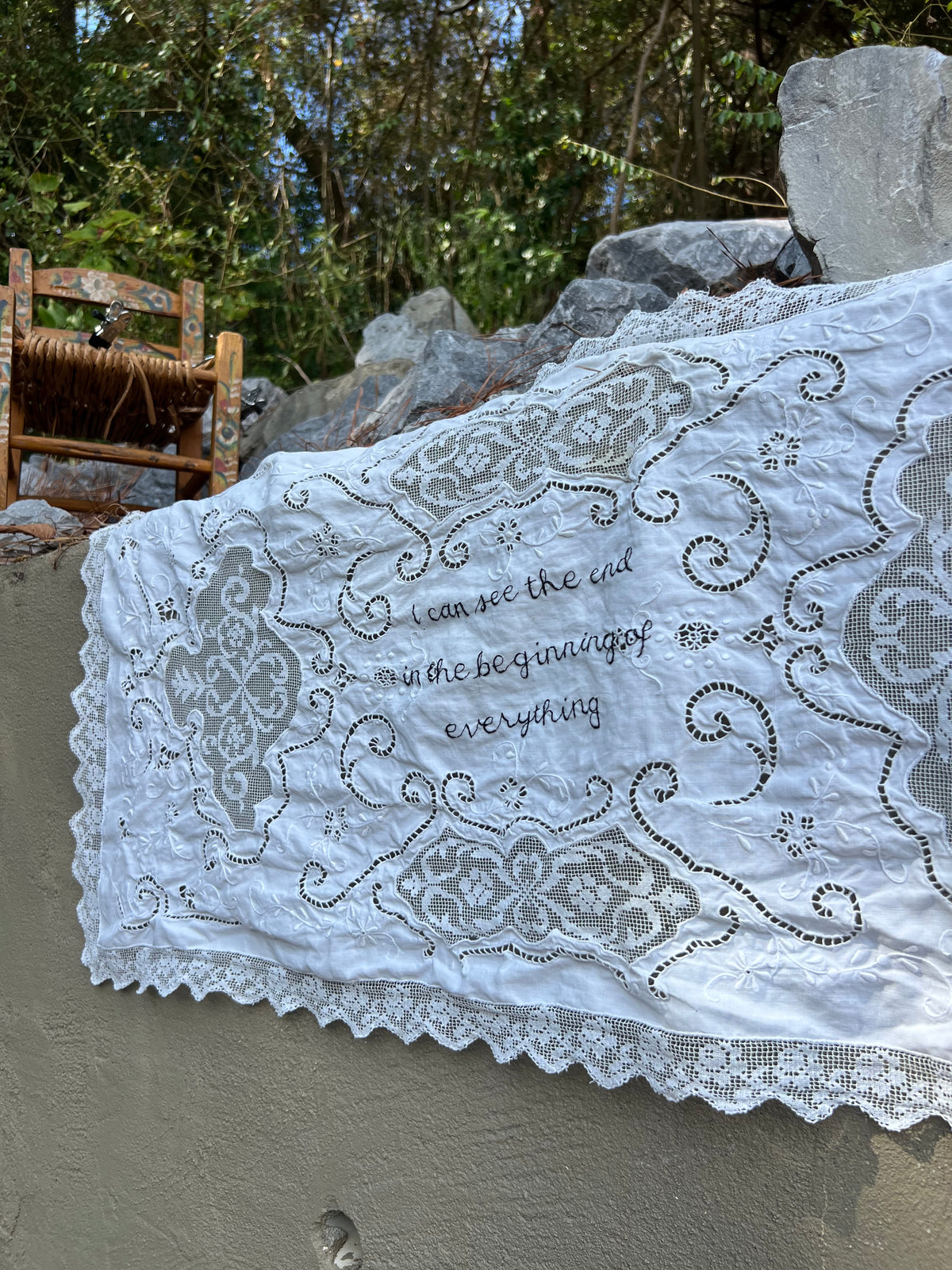 I Can See The End - Hand Embroidered Alter Cloth / Vintage Lace