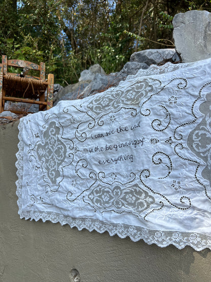 I Can See The End - Hand Embroidered Alter Cloth / Vintage Lace