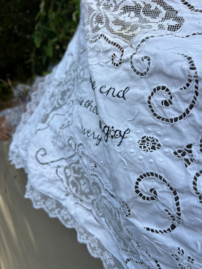 I Can See The End - Hand Embroidered Alter Cloth / Vintage Lace