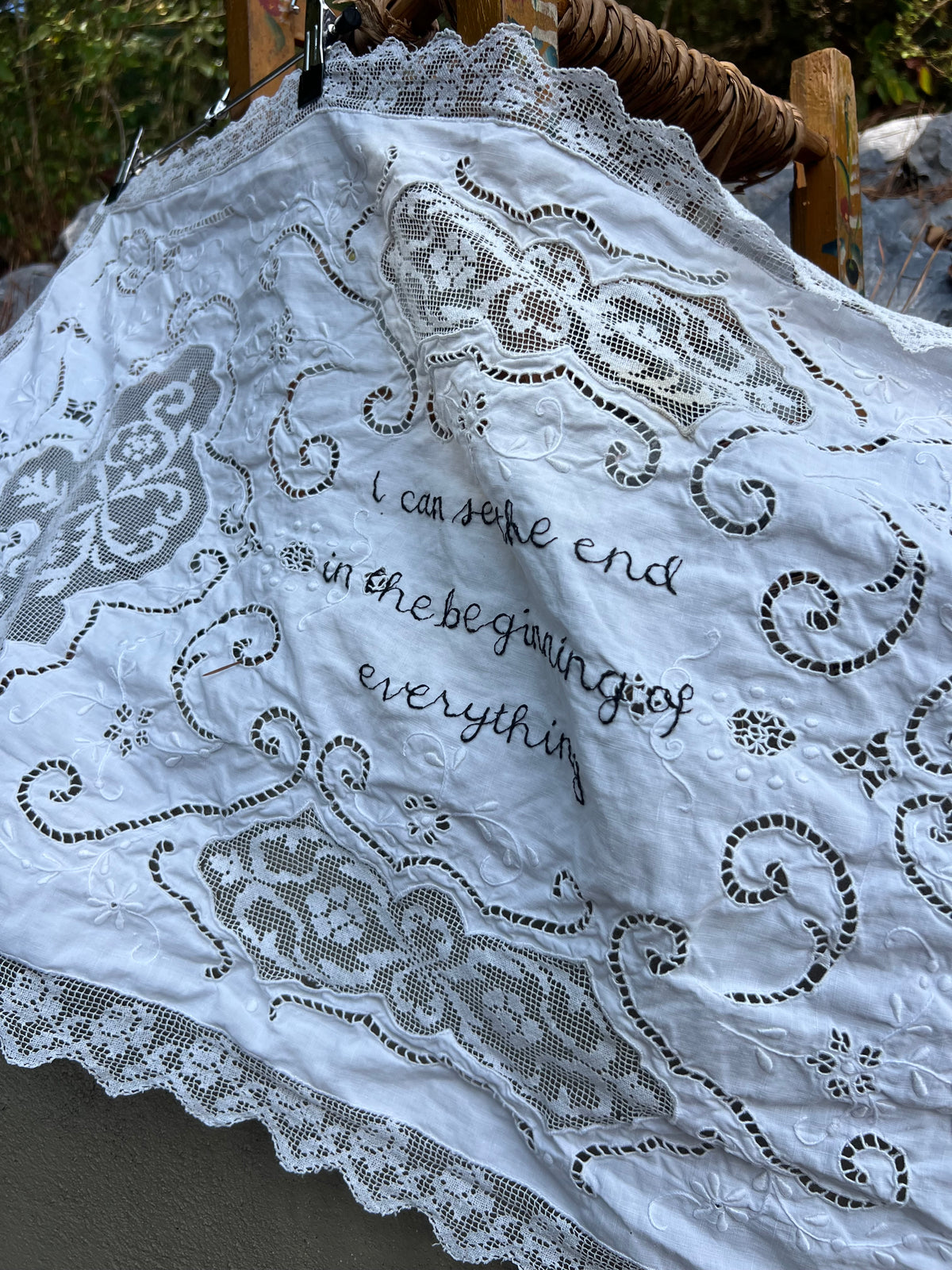 I Can See The End - Hand Embroidered Alter Cloth / Vintage Lace