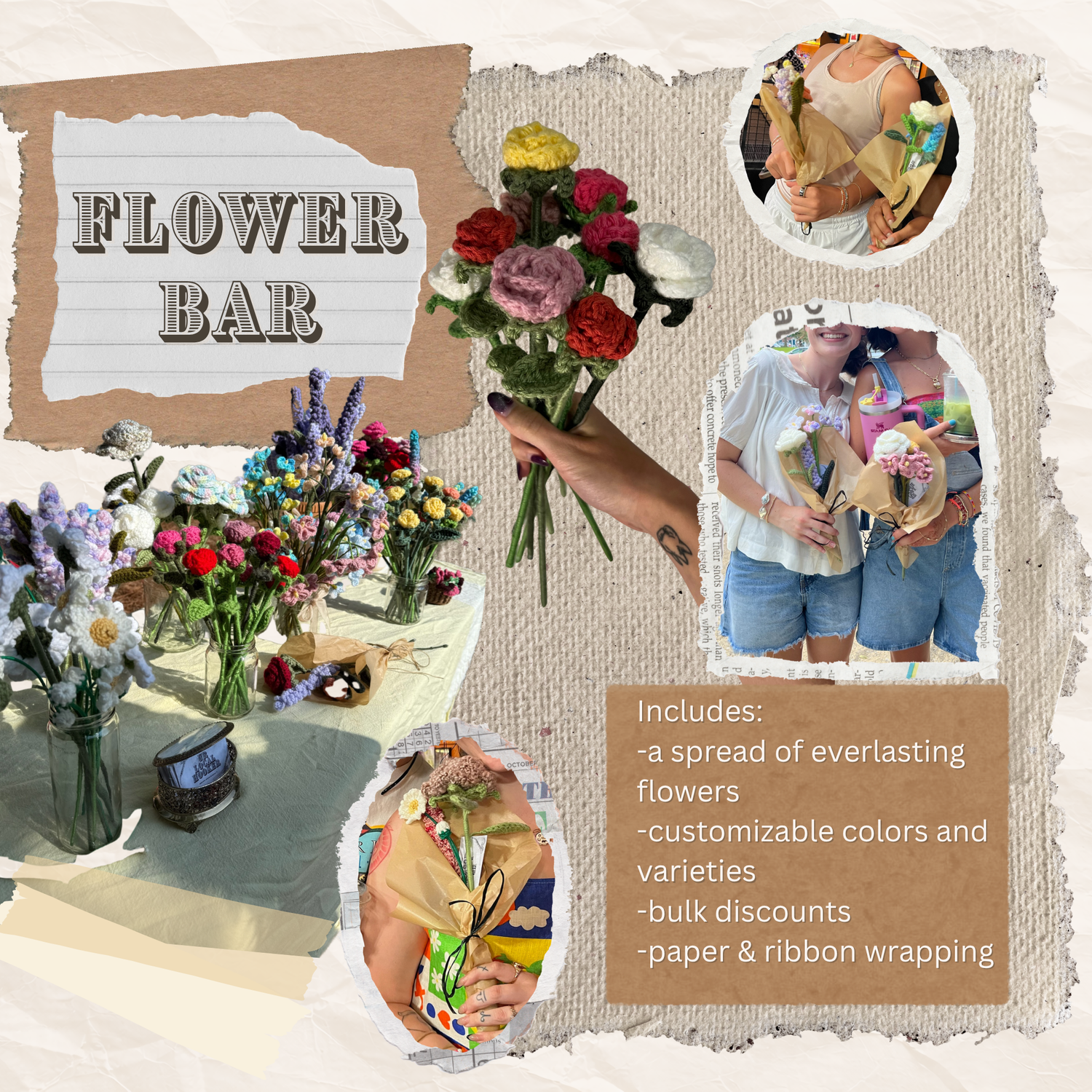 Collage of flowers, people with bouquets, and promotional text for a flower bar.