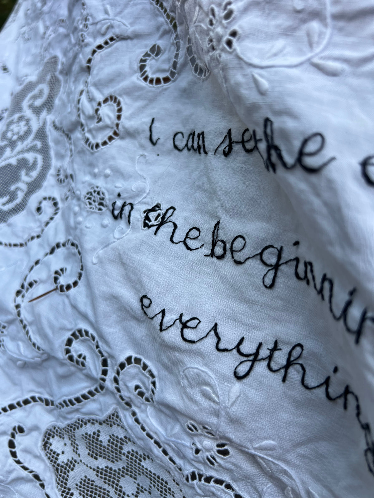 I Can See The End - Hand Embroidered Alter Cloth / Vintage Lace