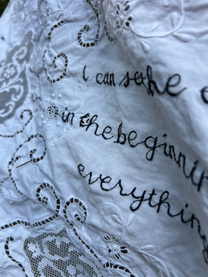 I Can See The End - Hand Embroidered Alter Cloth / Vintage Lace