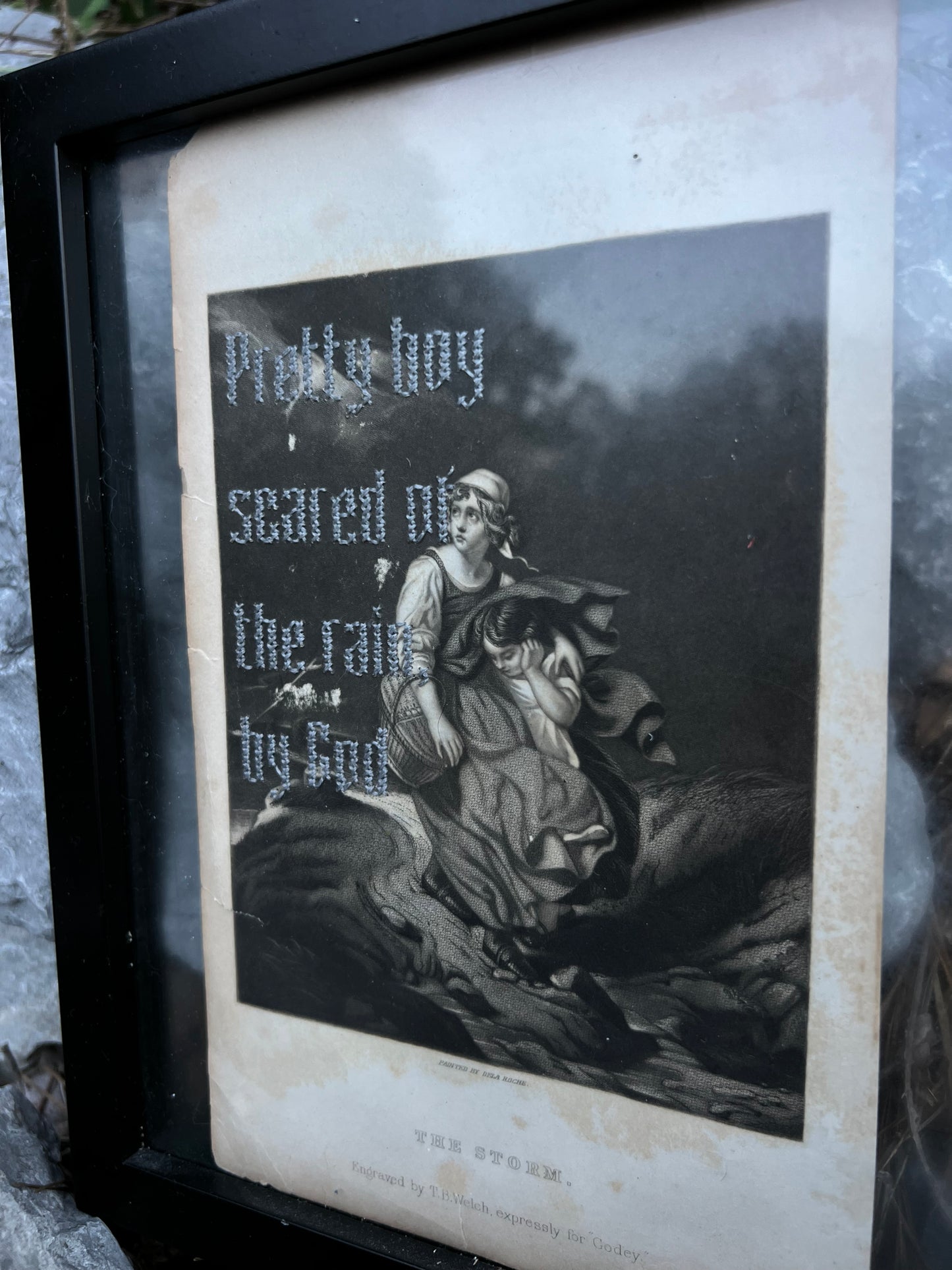 Scared of the Rain - Embroidered Vintage Photo