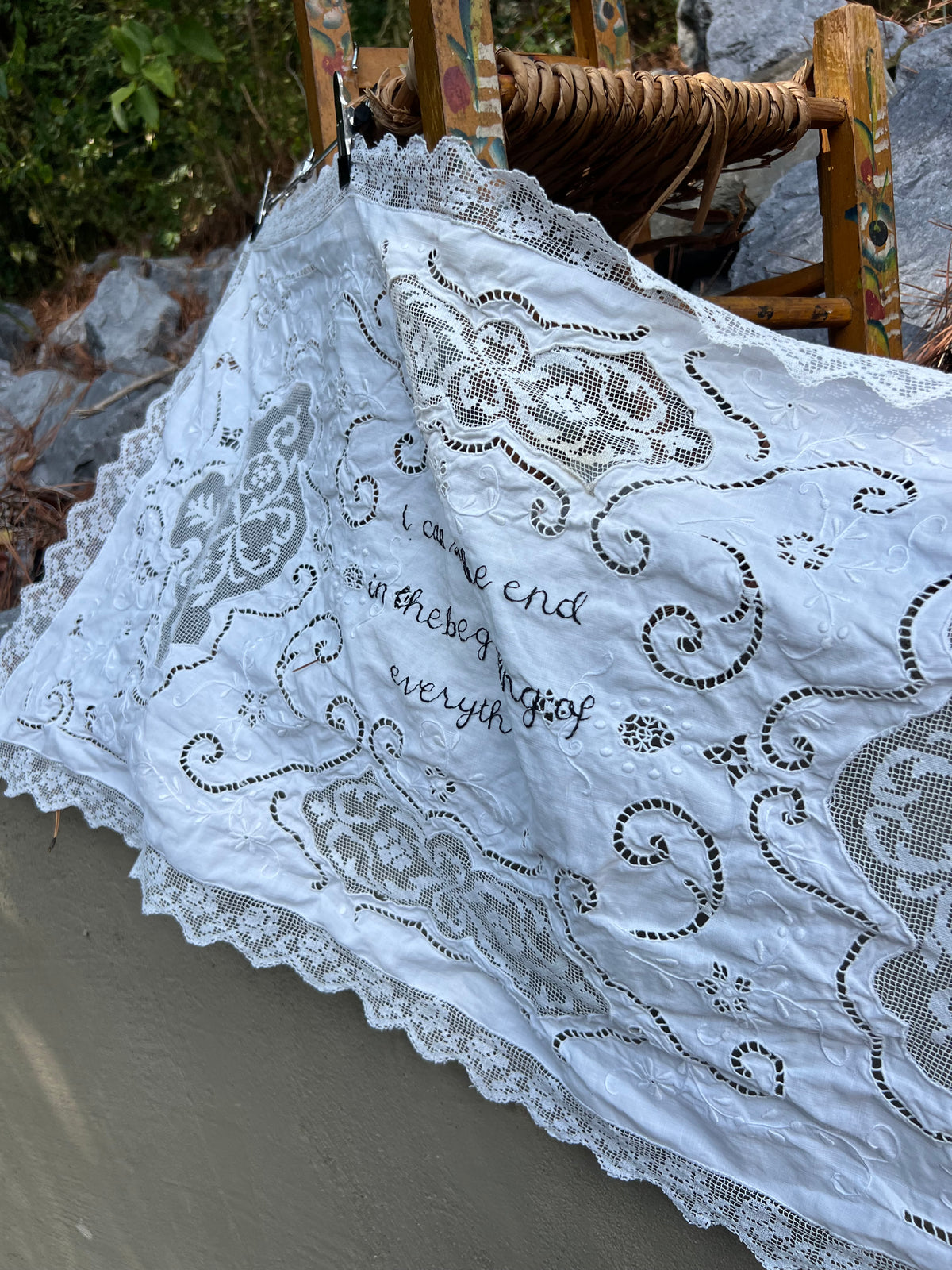I Can See The End - Hand Embroidered Alter Cloth / Vintage Lace
