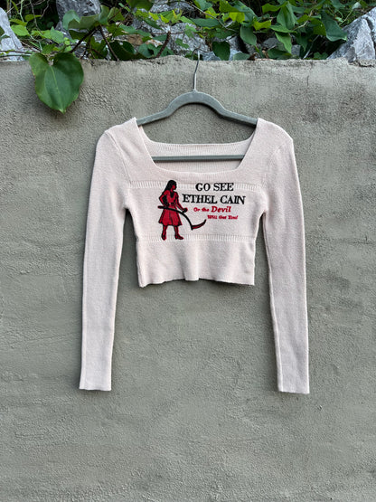 Go See Ethel Cain or the Devil Will Get You - Tan Waffle-Knit Crop Top