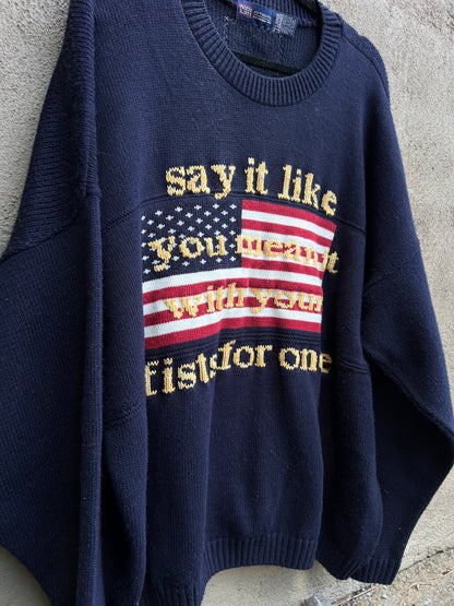 Say it Like You Mean it - Hand Embroidered Navy Sweater