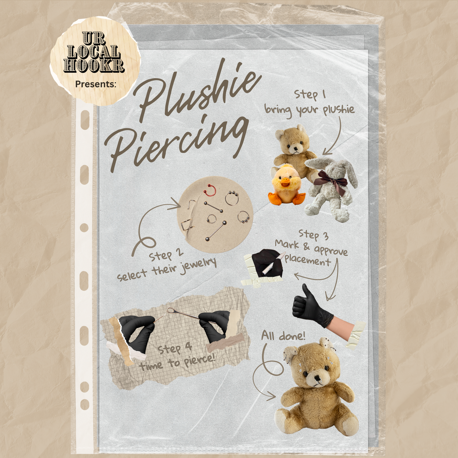 Plush teddy bears getting facial piercings and ear piercings 