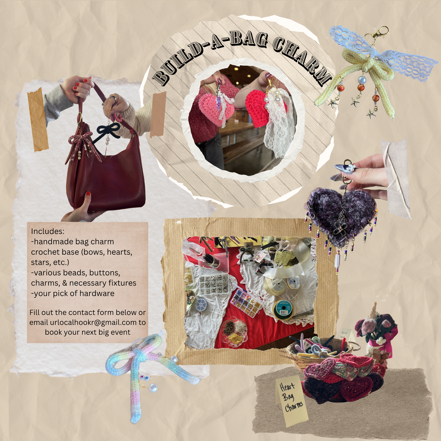 Collage of various handmade bag charms and crafting materials on a textured beige background.
